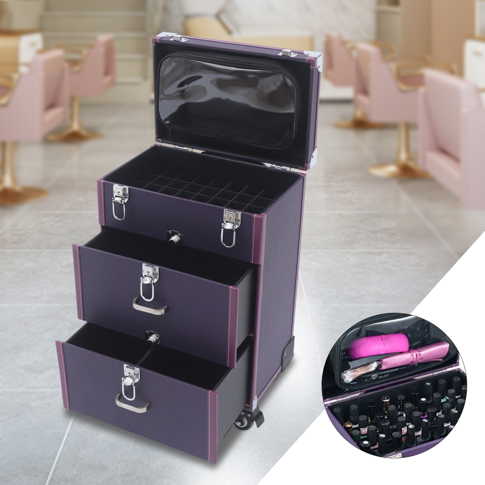 Make-up-Koffer mit Rollen, Roll-Make-up-Koffer, Nagellack-Organizer mit 4 Rollen, Lila Make-up-Koffer mit Rollen, Roll-Make-up-Koffer, Nagellack-Organizer mit 4 Rollen, Lila