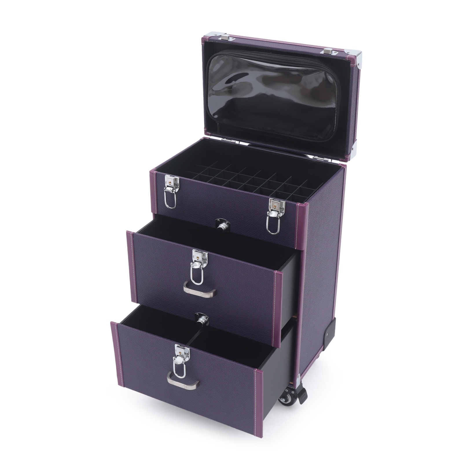 Make-up-Koffer mit Rollen, Roll-Make-up-Koffer, Nagellack-Organizer mit 4 Rollen, Lila Make-up-Koffer mit Rollen, Roll-Make-up-Koffer, Nagellack-Organizer mit 4 Rollen, Lila