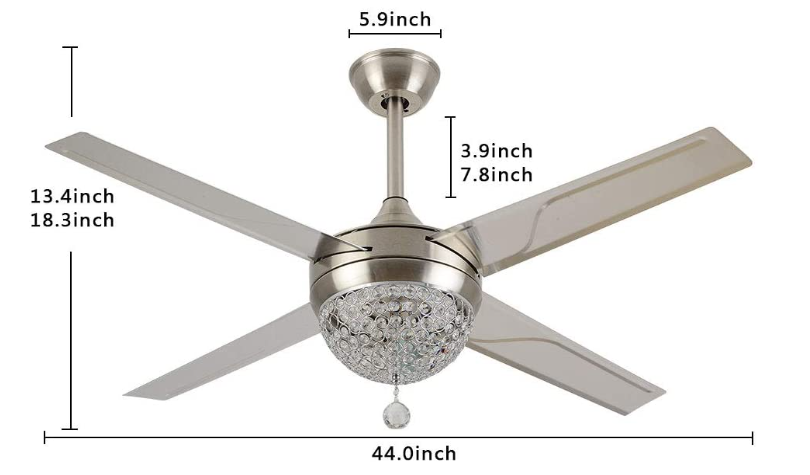 44'' LED Deckenventilator Mit Beleuchtung 4 Flügel Kronleuchter +Fernbedienung, Kristallleuchter Hängelampe