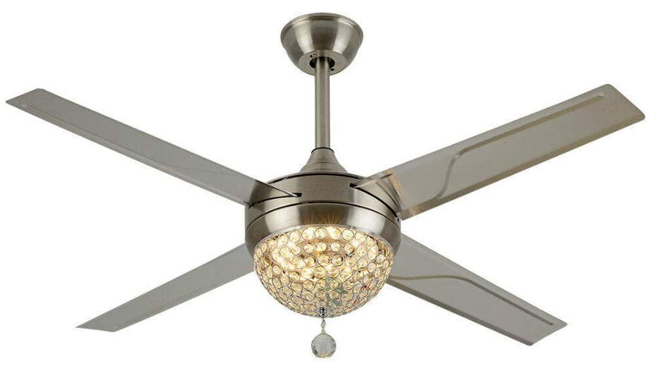 44'' LED Deckenventilator Mit Beleuchtung 4 Flügel Kronleuchter +Fernbedienung, Kristallleuchter Hängelampe
