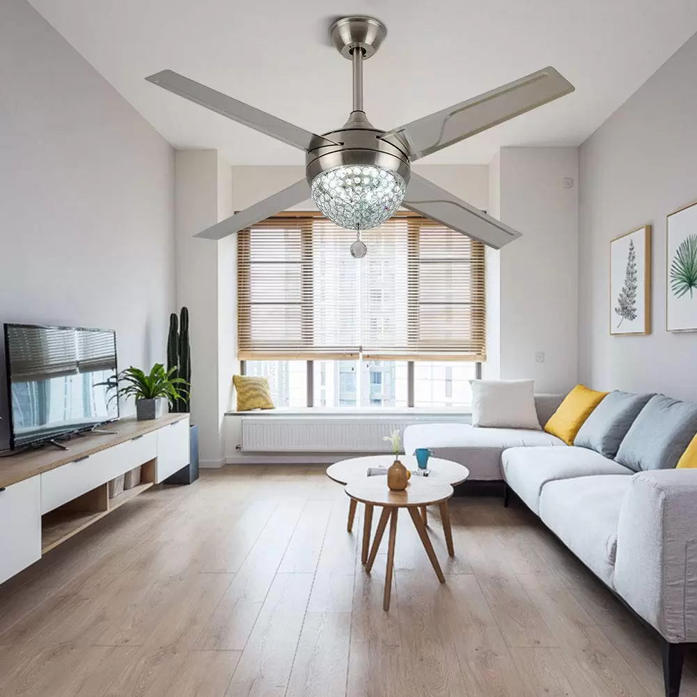 44'' LED Deckenventilator Mit Beleuchtung 4 Flügel Kronleuchter +Fernbedienung, Kristallleuchter Hängelampe