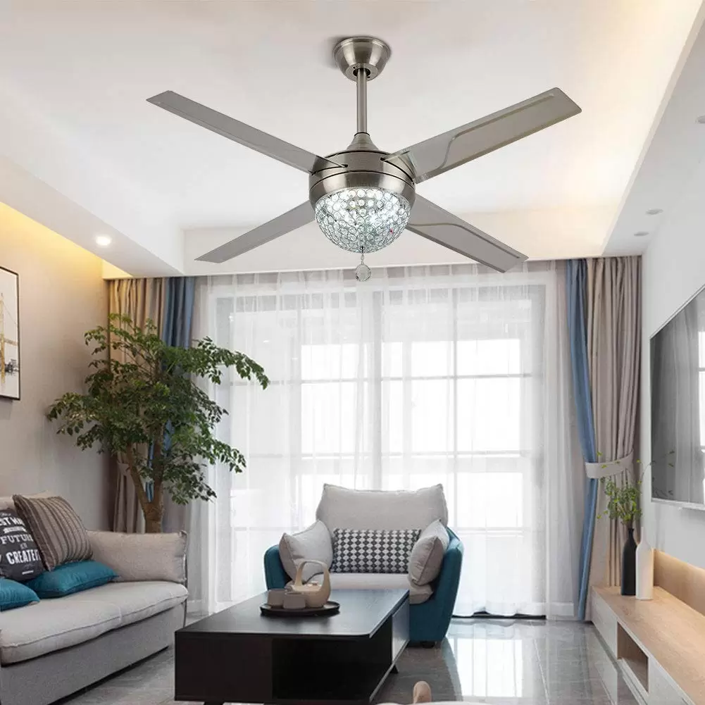 44'' LED Deckenventilator Mit Beleuchtung 4 Flügel Kronleuchter +Fernbedienung, Kristallleuchter Hängelampe