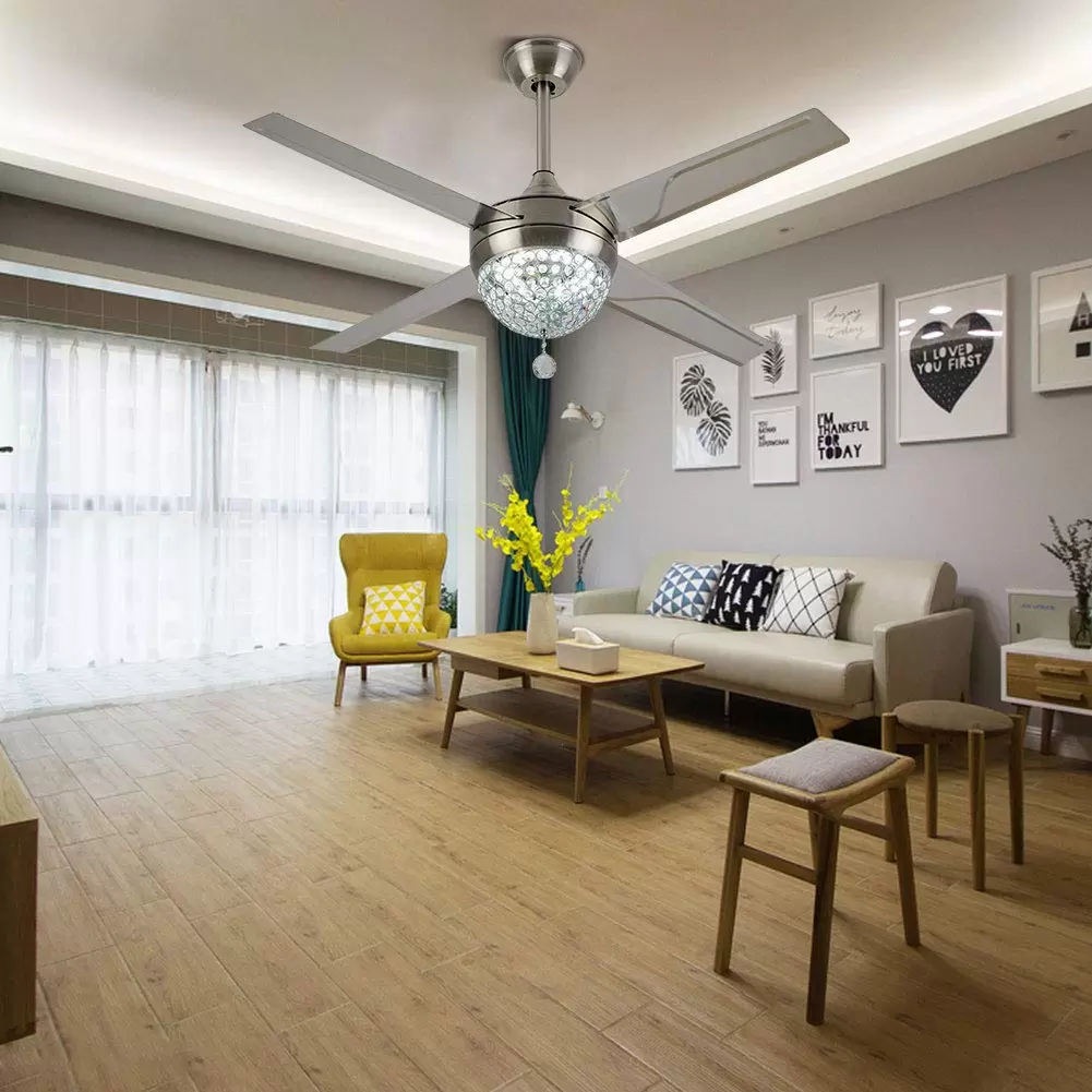 44'' LED Deckenventilator Mit Beleuchtung 4 Flügel Kronleuchter +Fernbedienung, Kristallleuchter Hängelampe