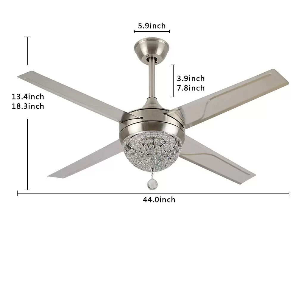 44'' LED Deckenventilator Mit Beleuchtung 4 Flügel Kronleuchter +Fernbedienung, Kristallleuchter Hängelampe
