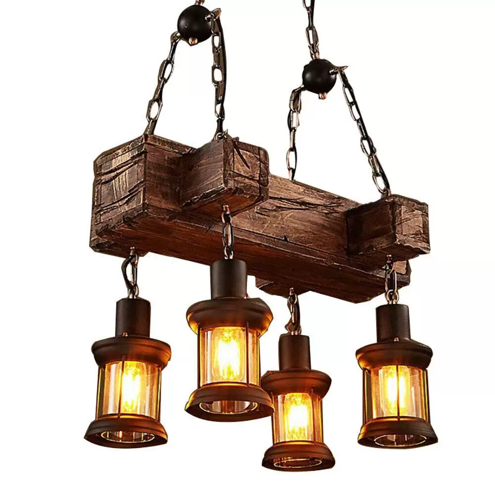 Vintage Industrielle Kreativ Holz Pendelleuchte 4 Lichter Metall Eisen Kronleuchter