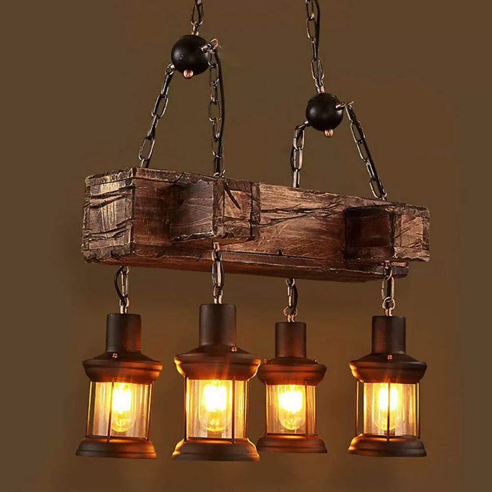 Vintage Industrielle Kreativ Holz Pendelleuchte 4 Lichter Metall Eisen Kronleuchter