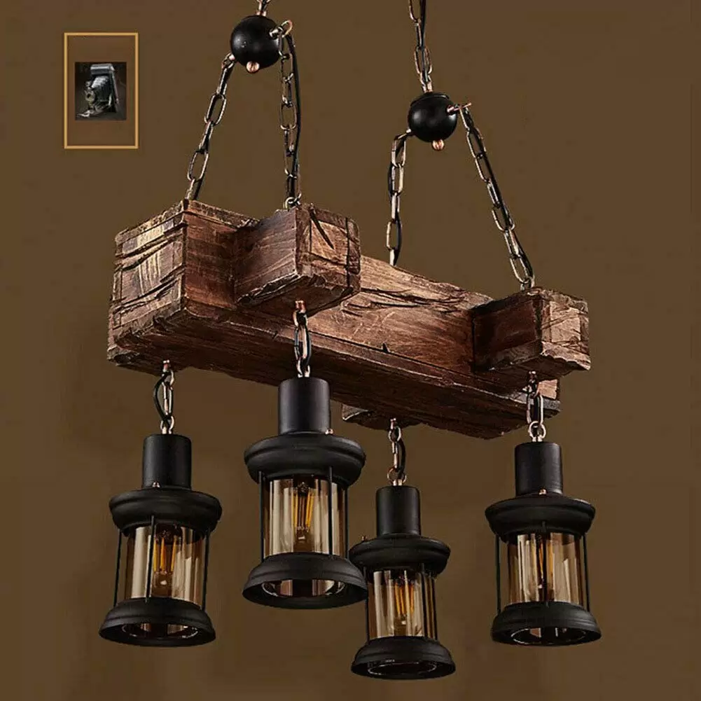 Vintage Industrielle Kreativ Holz Pendelleuchte 4 Lichter Metall Eisen Kronleuchter Vintage Industrielle Kreativ Holz Pendelleuchte 4 Lichter Metall Eisen Kronleuchter