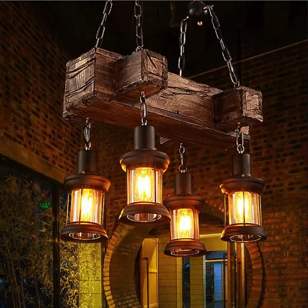 Vintage Industrielle Kreativ Holz Pendelleuchte 4 Lichter Metall Eisen Kronleuchter Vintage Industrielle Kreativ Holz Pendelleuchte 4 Lichter Metall Eisen Kronleuchter