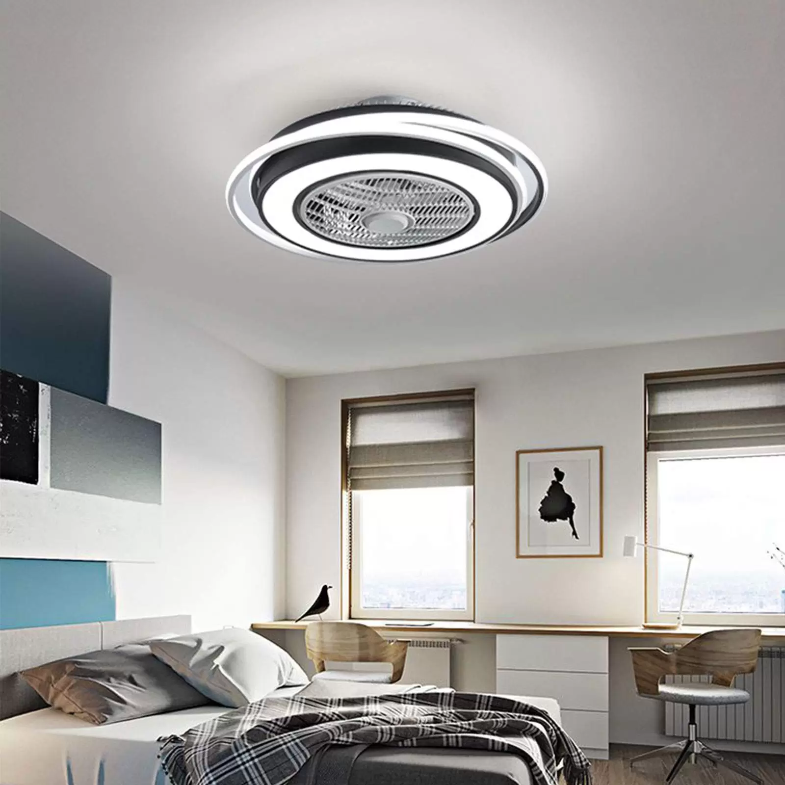 23 Zoll LED Licht Deckenleuchte + Fernbedienung 3 Farben Deckenventilator 3 Einstellbare Windgeschwindigkeit