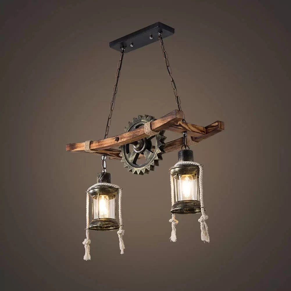 Vintage Pendelleuchte - 2 Köpfe Metall Rad Kronleuchter Retro Pendellampe Höhenverstellbar