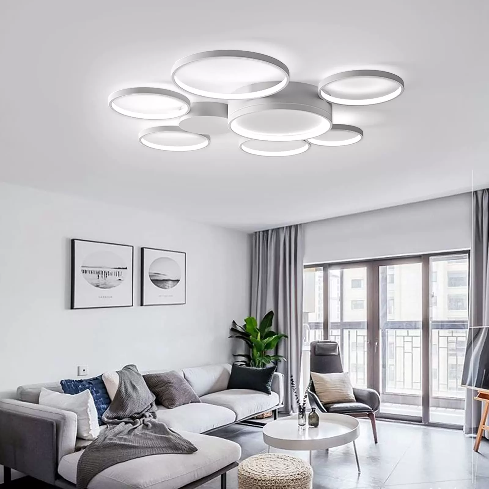 Moderne Kreativität LED Deckenleuchte mit 7 Ringen Mit der Fernbedienung Schwarz