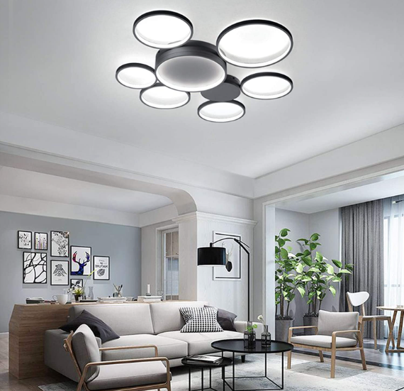 Moderne Kreativität LED Deckenleuchte mit 7 Ringen Mit der Fernbedienung Schwarz