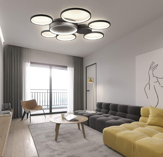 Moderne Kreativität LED Deckenleuchte mit 7 Ringen Mit der Fernbedienung Schwarz
