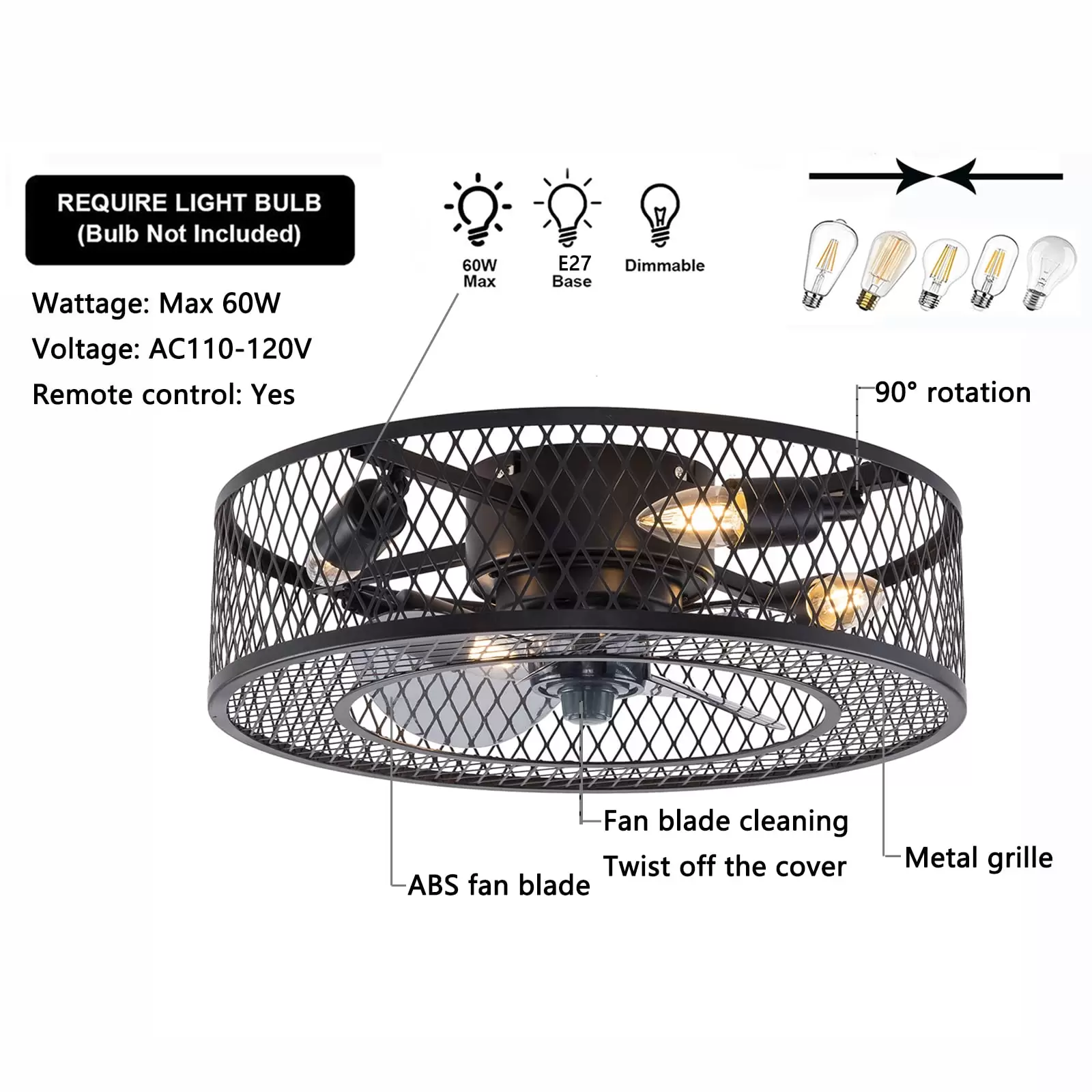 LED Deckenventilator mit Leuchte und Fernbedienung Timer Einstellbar 3 Geschwindigkeit Leise Ventilator für Wohnzimmer