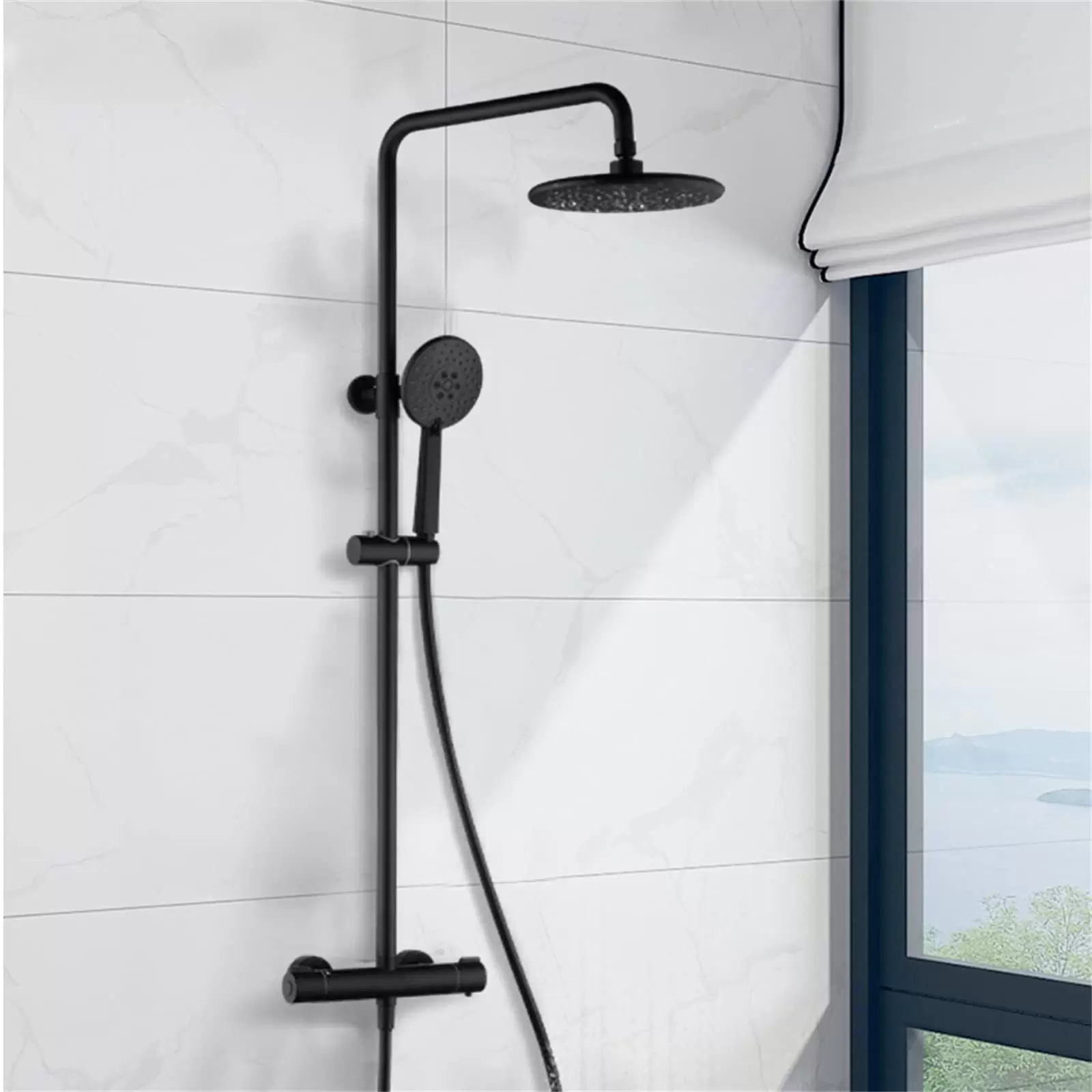 Duschsystem Dusche Armatur mit Thermostat 3 Strahlarten mit Anti-Verbrühungs-Duschsystem mit Kopfbrause Schwarz