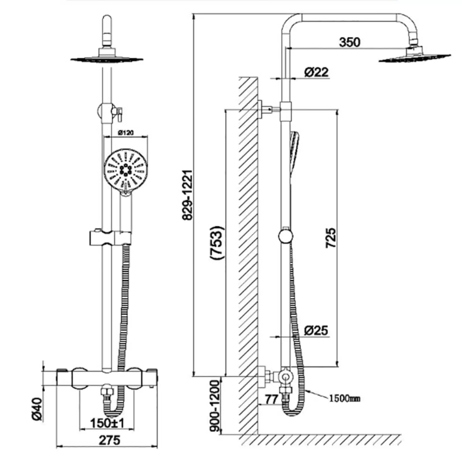 Duschsystem Dusche Armatur mit Thermostat 3 Strahlarten mit Anti-Verbrühungs-Duschsystem mit Kopfbrause Schwarz