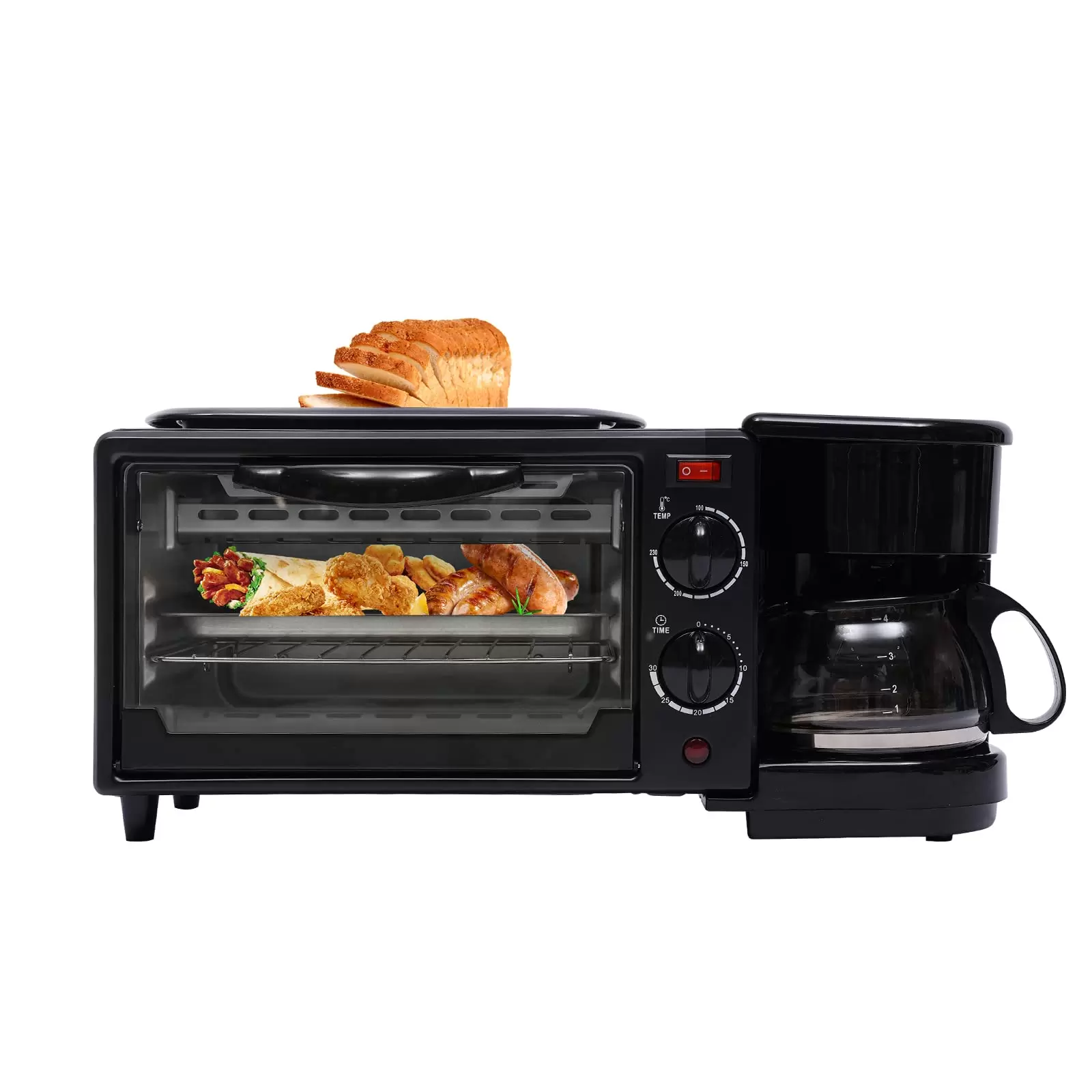3 in 1 Mini Frühstücksmaschine Schwarz Grillplatte Pizzaofen Toastofen Toastofen Minibackofen