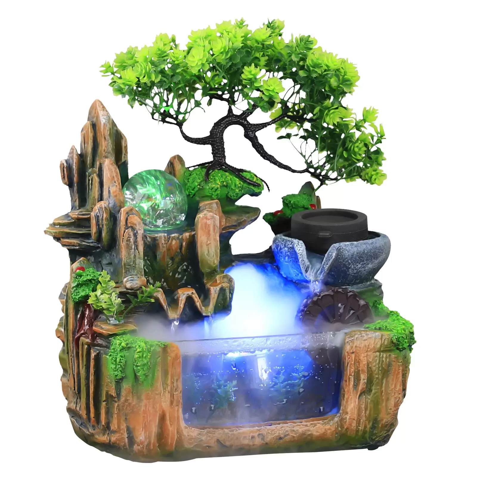 Zimmerbrunnen mit Nebel LED Beleuchtung, Tischbrunnen Zimmerbrunnen GartenAquariumHarz Desktop-Brunnen