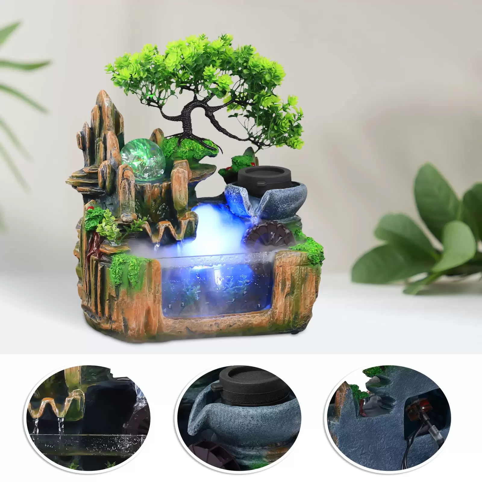 Zimmerbrunnen mit Nebel LED Beleuchtung, Tischbrunnen Zimmerbrunnen GartenAquariumHarz Desktop-Brunnen Zimmerbrunnen mit Nebel LED Beleuchtung, Tischbrunnen Zimmerbrunnen GartenAquariumHarz Desktop-Brunnen