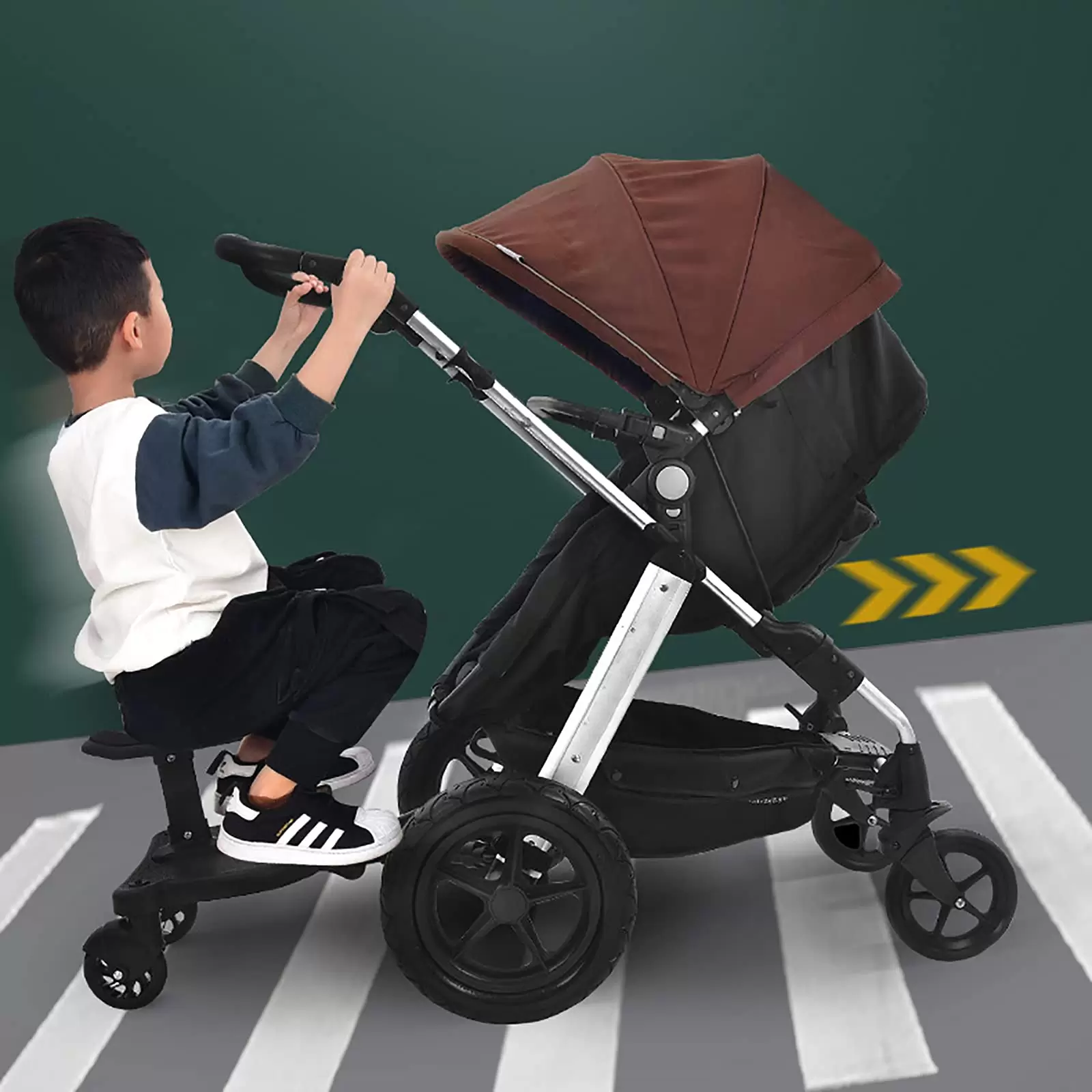 Kinderwagenbrett mit Halterung und Befestigung, Rollbretter mit 360-Grad-Rad, abnehmbarer und montierter Sitz
