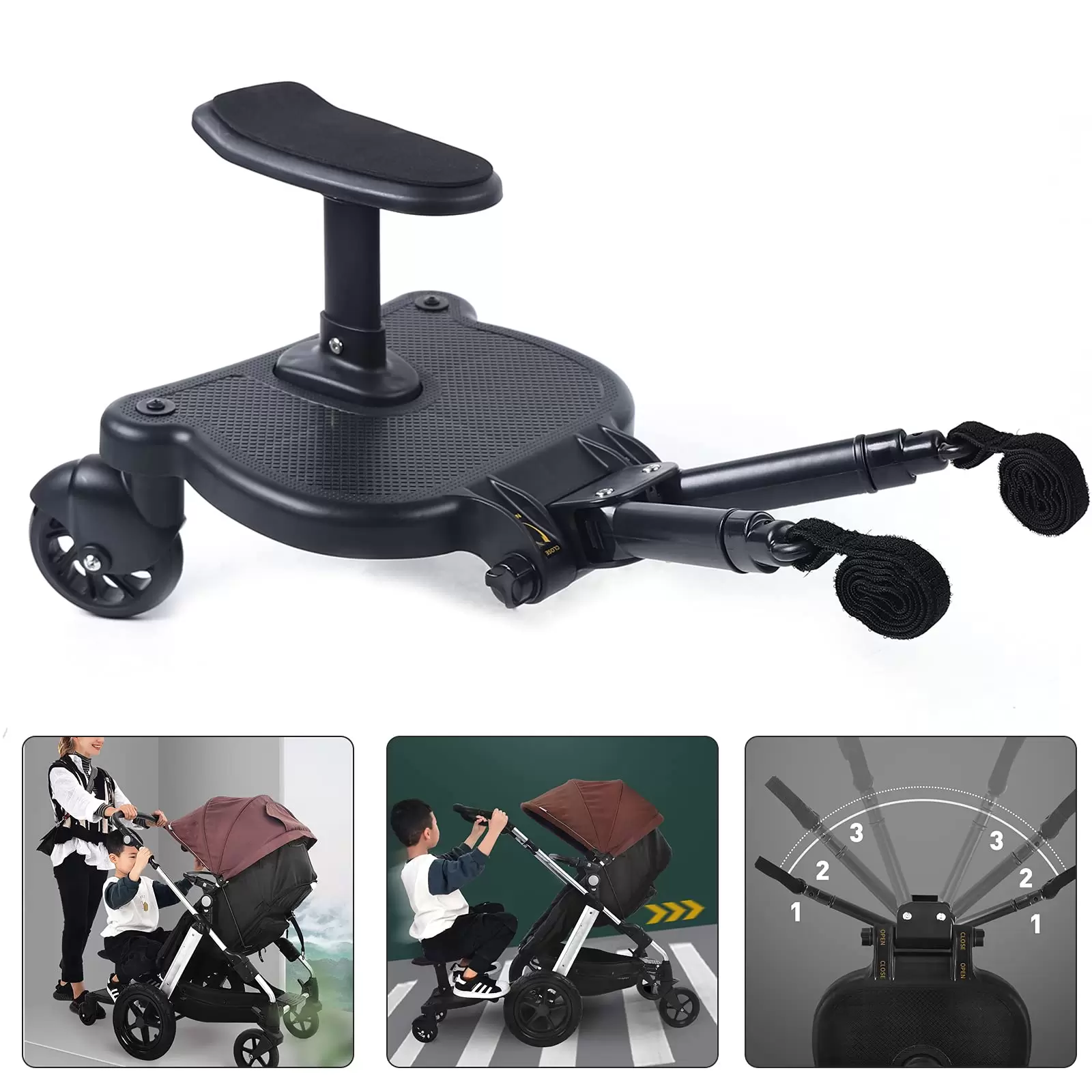 Kinderwagenbrett mit Halterung und Befestigung, Rollbretter mit 360-Grad-Rad, abnehmbarer und montierter Sitz Kinderwagenbrett mit Halterung und Befestigung, Rollbretter mit 360-Grad-Rad, abnehmbarer und montierter Sitz