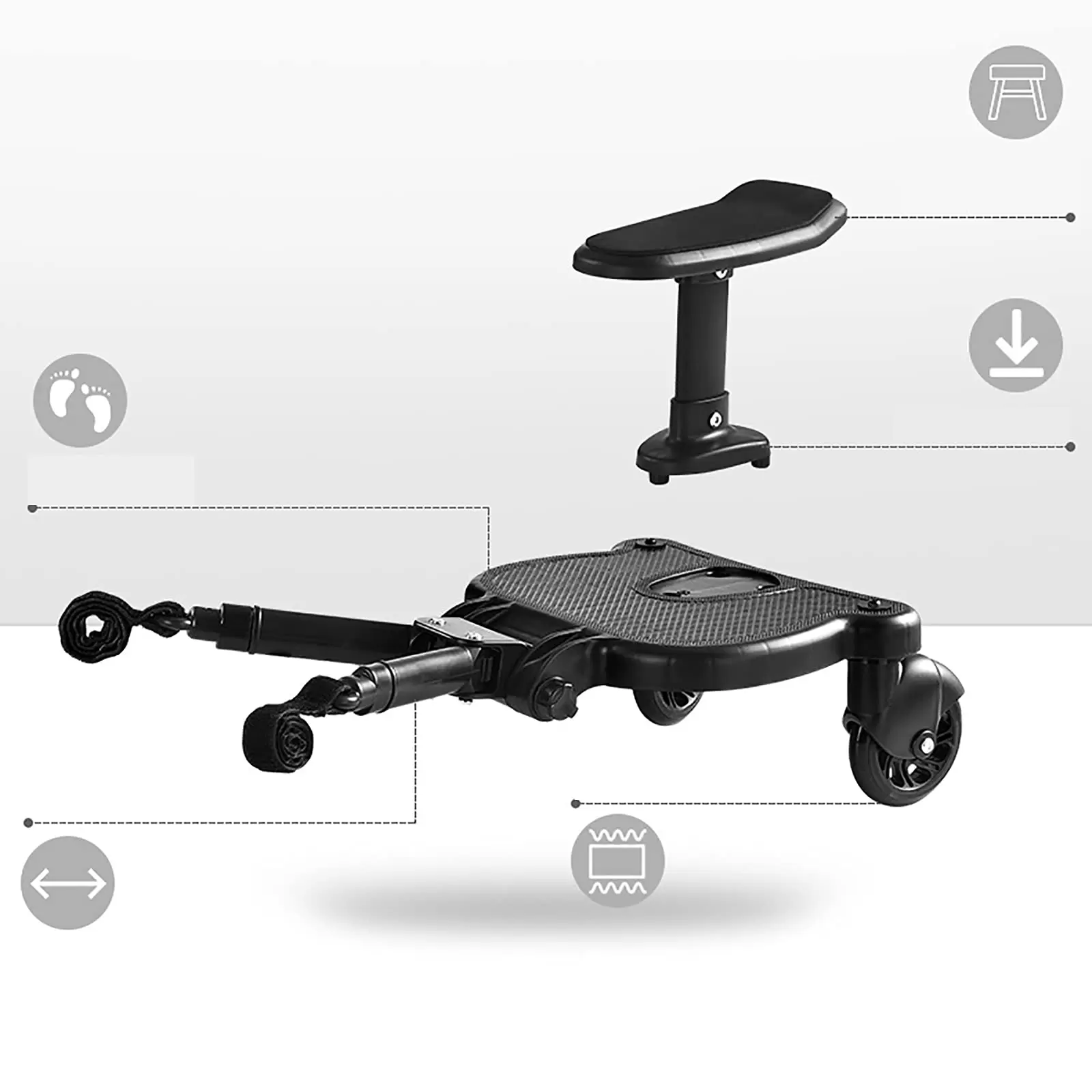 Kinderwagenbrett mit Halterung und Befestigung, Rollbretter mit 360-Grad-Rad, abnehmbarer und montierter Sitz Kinderwagenbrett mit Halterung und Befestigung, Rollbretter mit 360-Grad-Rad, abnehmbarer und montierter Sitz