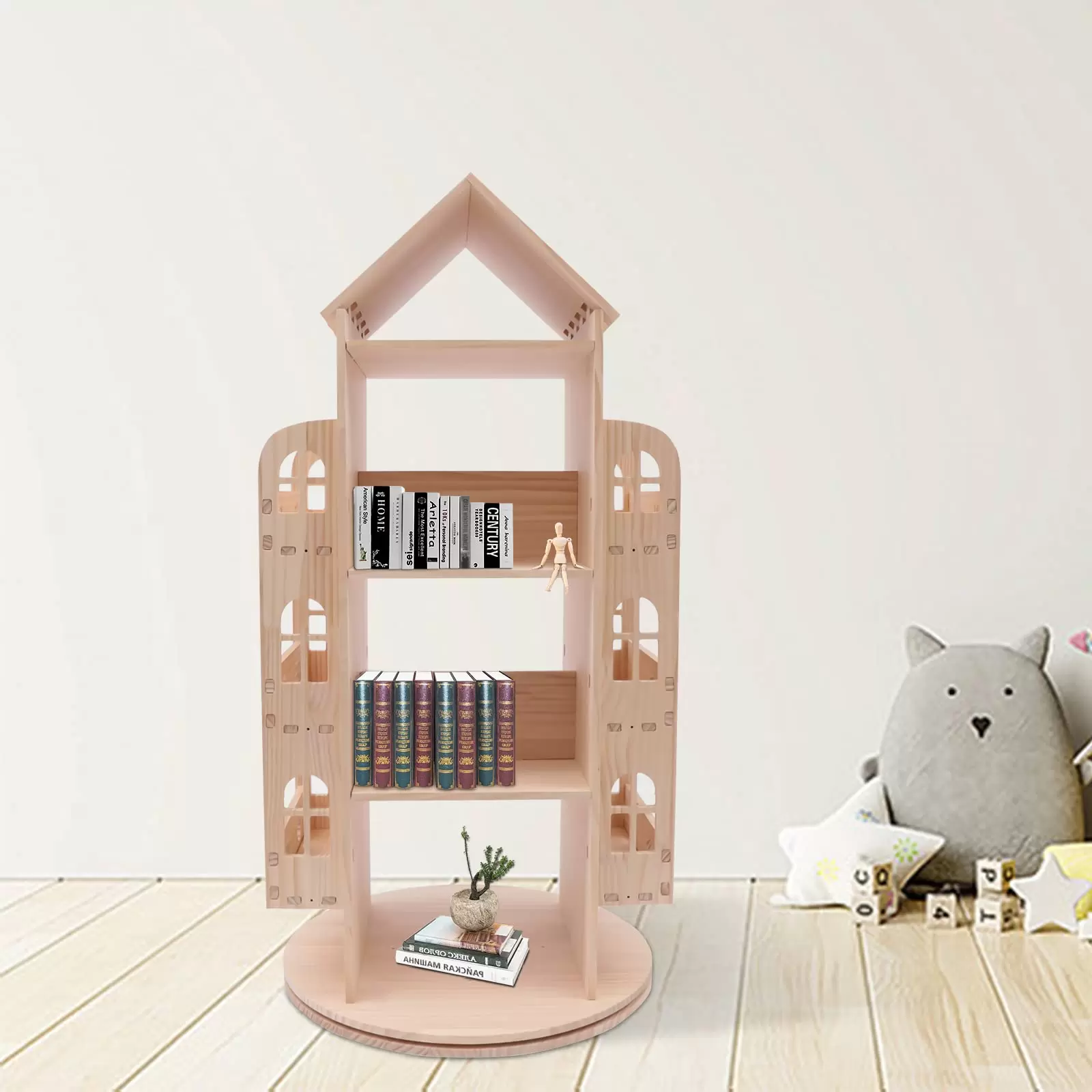 Großes Kinderbuchregal aus Holz, 360 Grad drehbares Bücherregal in Hausform Bodenregal Kinderbuchregal