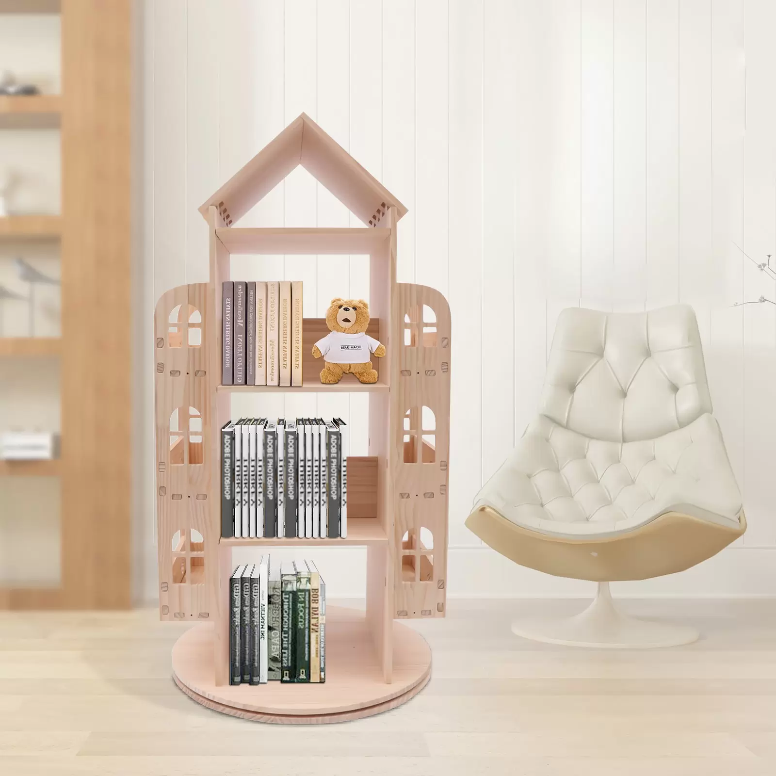 Großes Kinderbuchregal aus Holz, 360 Grad drehbares Bücherregal in Hausform Bodenregal Kinderbuchregal Großes Kinderbuchregal aus Holz, 360 Grad drehbares Bücherregal in Hausform Bodenregal Kinderbuchregal
