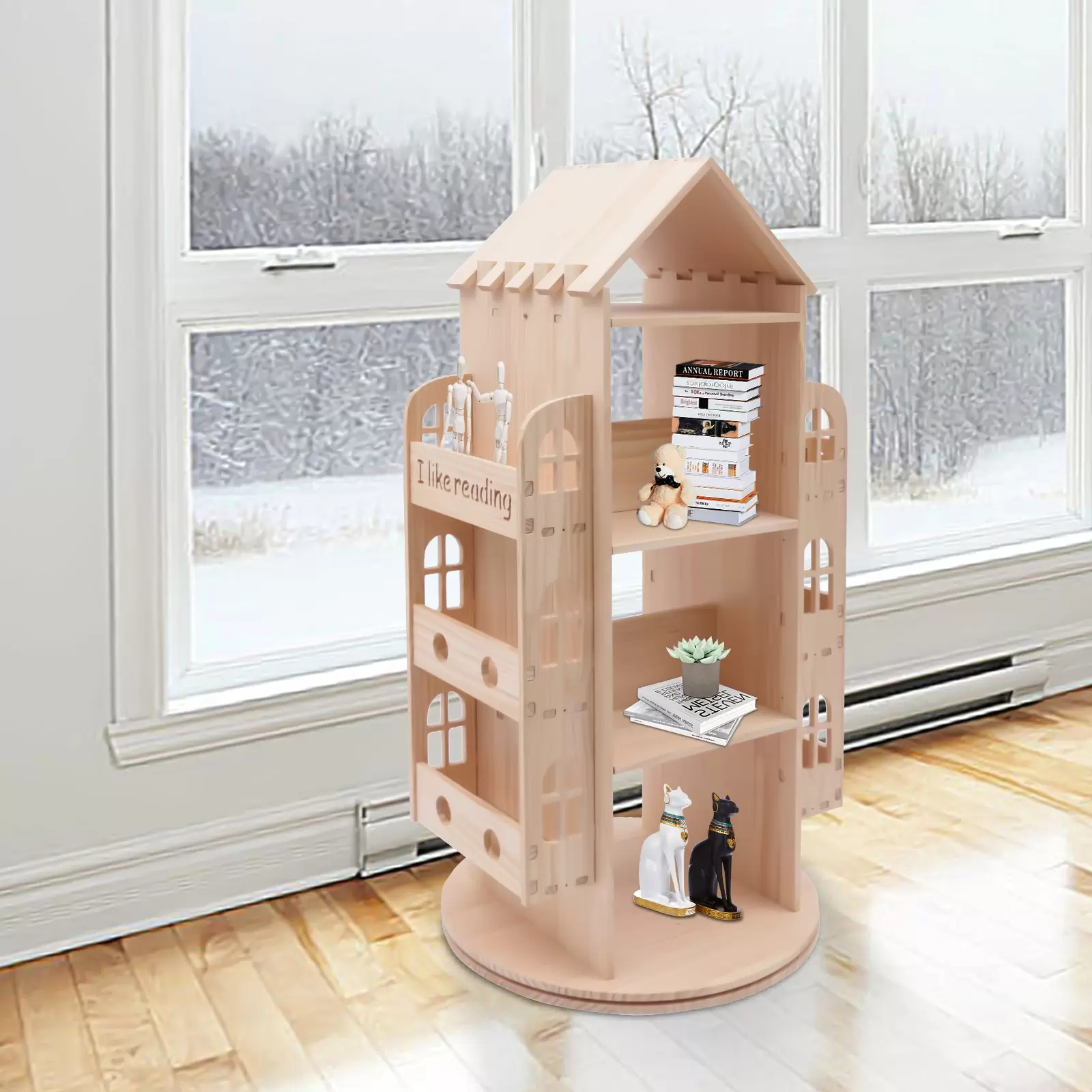 Großes Kinderbuchregal aus Holz, 360 Grad drehbares Bücherregal in Hausform Bodenregal Kinderbuchregal Großes Kinderbuchregal aus Holz, 360 Grad drehbares Bücherregal in Hausform Bodenregal Kinderbuchregal