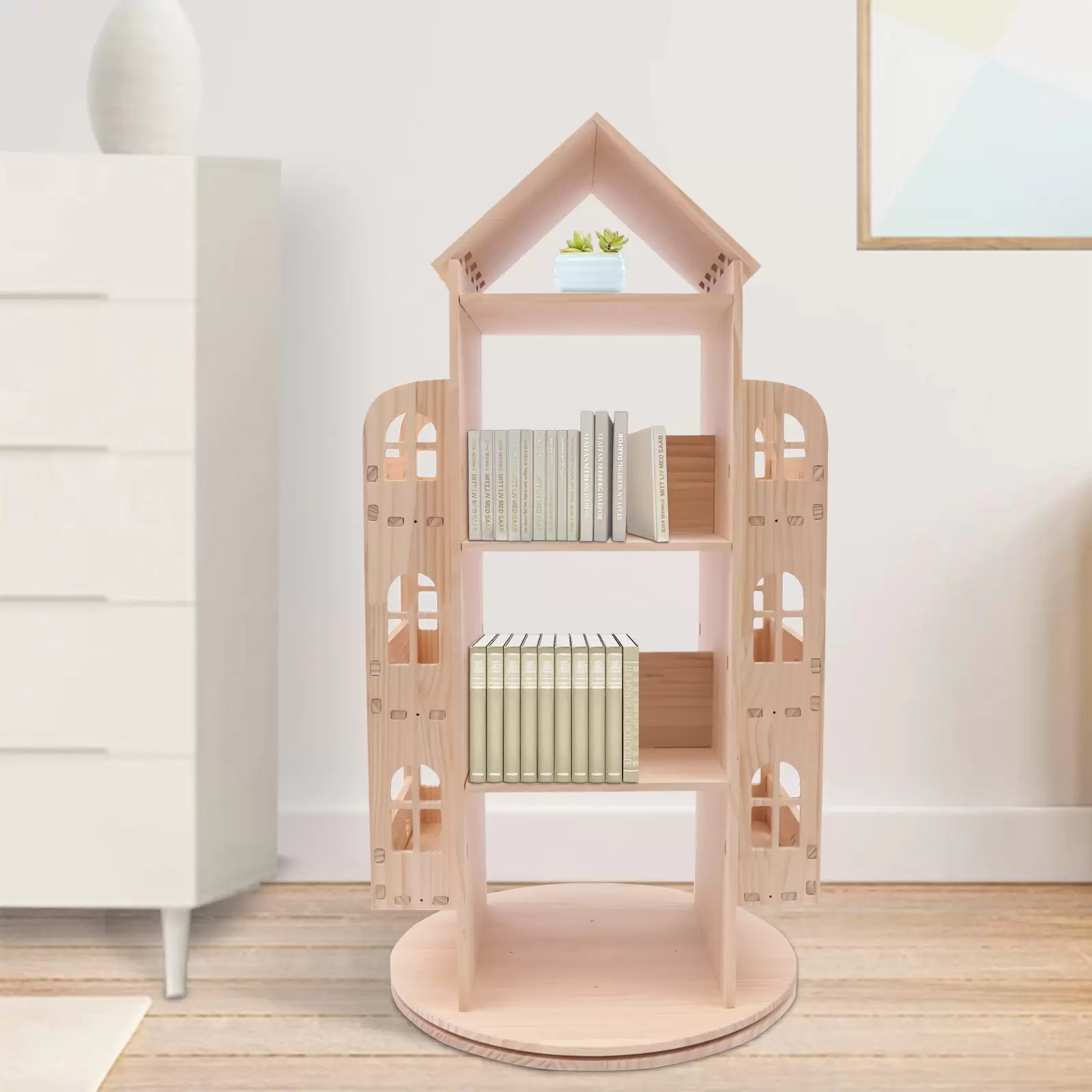 Großes Kinderbuchregal aus Holz, 360 Grad drehbares Bücherregal in Hausform Bodenregal Kinderbuchregal Großes Kinderbuchregal aus Holz, 360 Grad drehbares Bücherregal in Hausform Bodenregal Kinderbuchregal