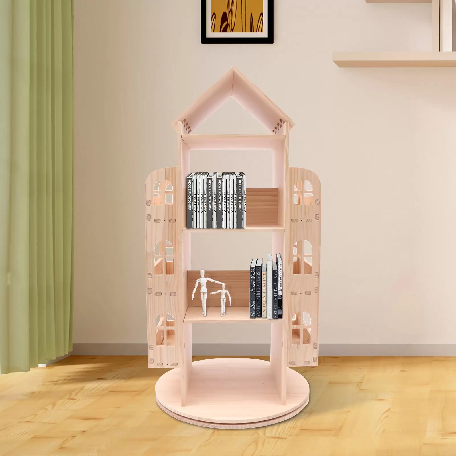 Großes Kinderbuchregal aus Holz, 360 Grad drehbares Bücherregal in Hausform Bodenregal Kinderbuchregal