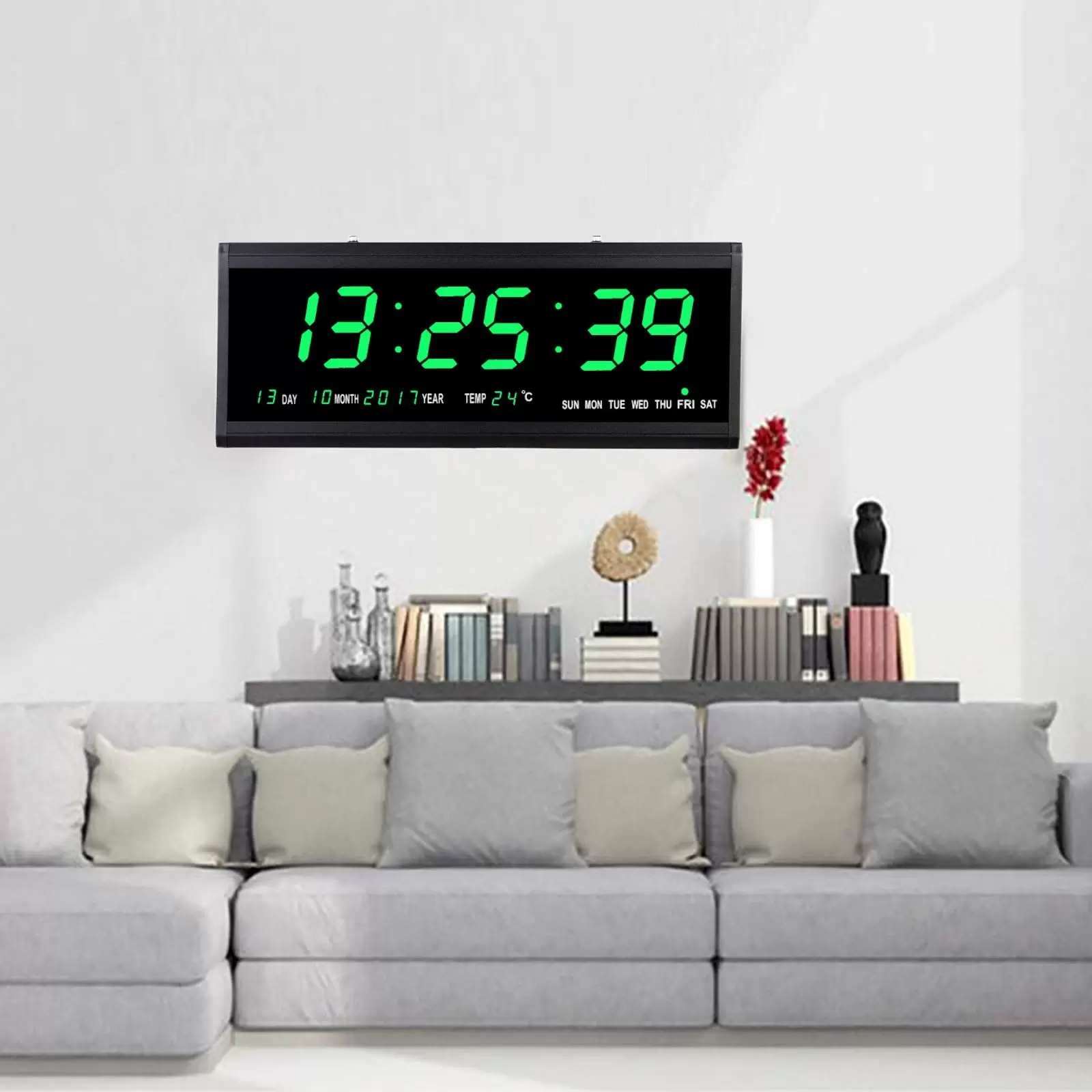 LED Digitaluhr Plastik Rahmen Netzbetriebene Kalender Uhr Temperatur Wanduhren