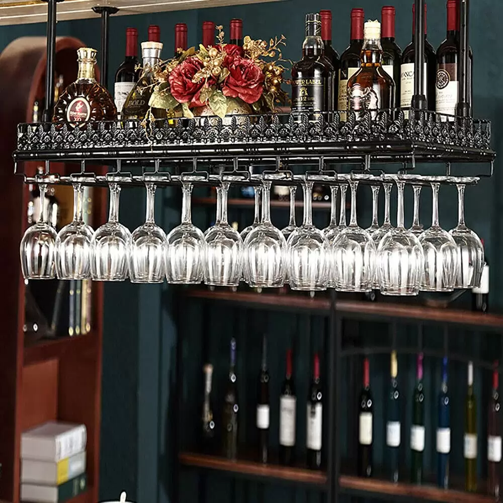 100cm Hängende Metall Weinglashalter Für 40 Tassen, Deckenregal Weinregale Lagerung Einstellbare Höhe 35-55cm