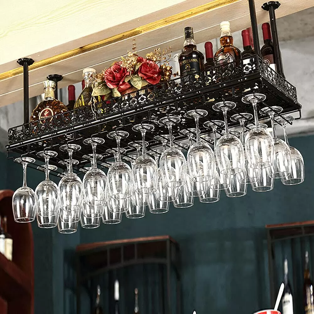 100cm Hängende Metall Weinglashalter Für 40 Tassen, Deckenregal Weinregale Lagerung Einstellbare Höhe 35-55cm