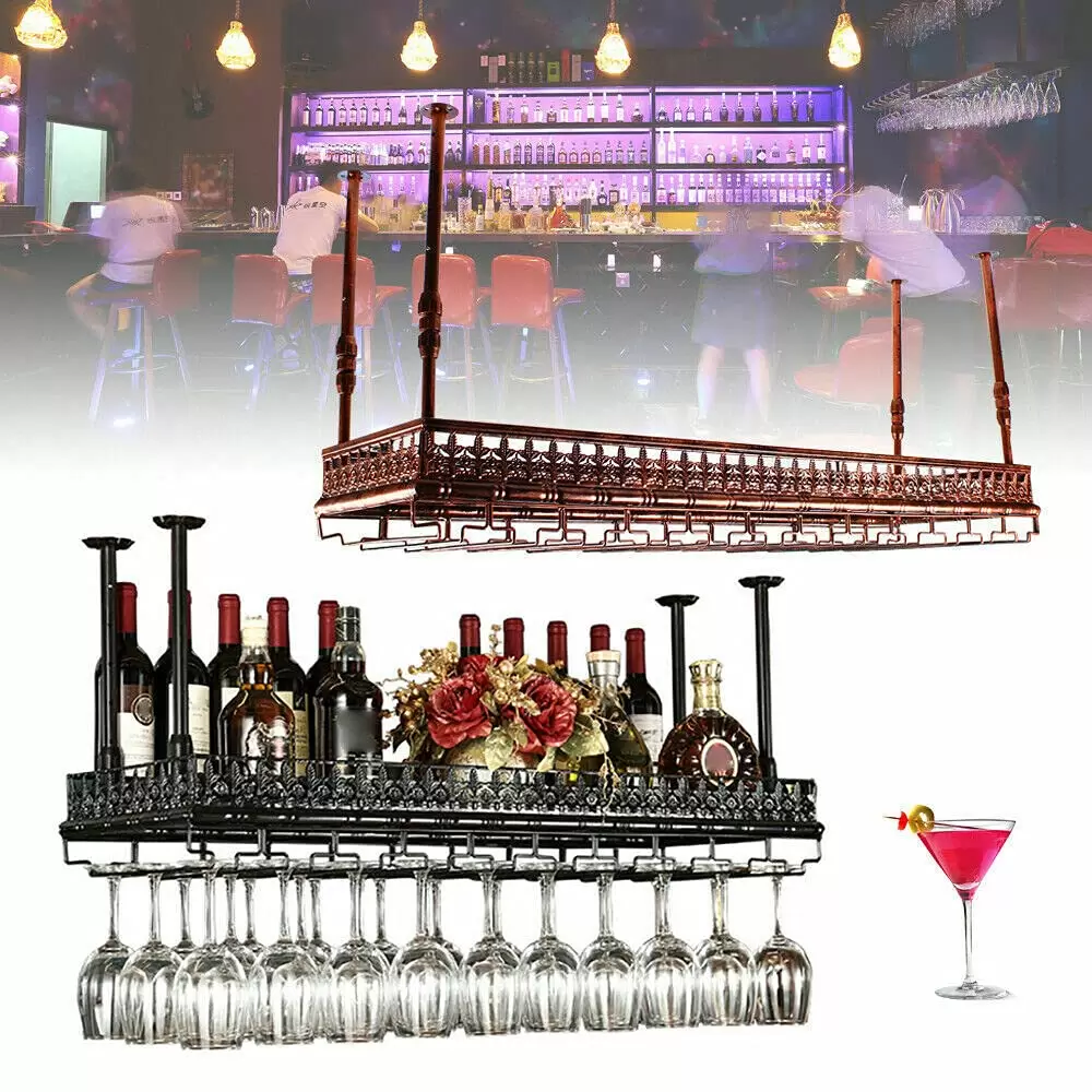 100cm Hängende Metall Weinglashalter Für 40 Tassen, Deckenregal Weinregale Lagerung Einstellbare Höhe 35-55cm