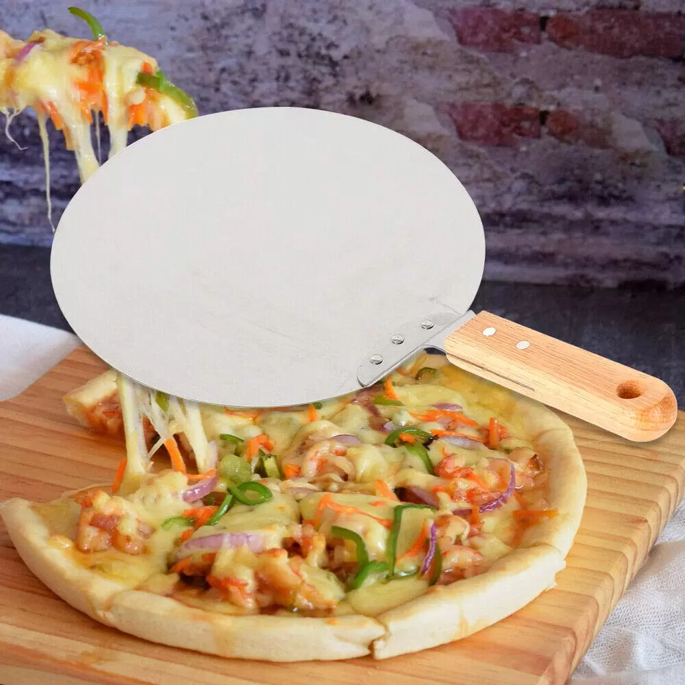 CNCEST Pizzaschieber Runde Edelstahl Pizzaschaufel mit Holzgriff zum Backen