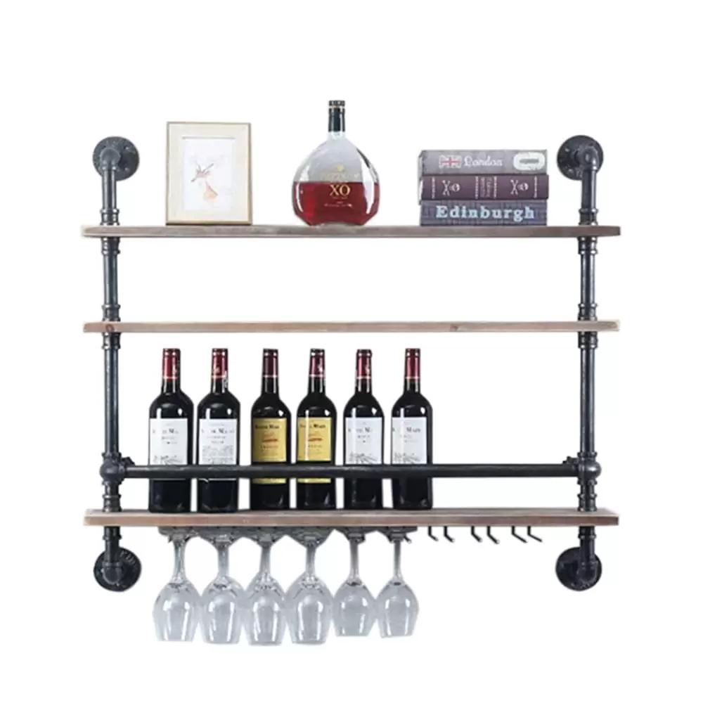 Industrielles Pfeifenregal Weinregal Wandmontiert mit Stielglashalter 3-stufige Barregale