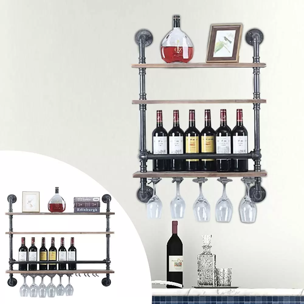 Industrielles Pfeifenregal Weinregal Wandmontiert mit Stielglashalter 3-stufige Barregale