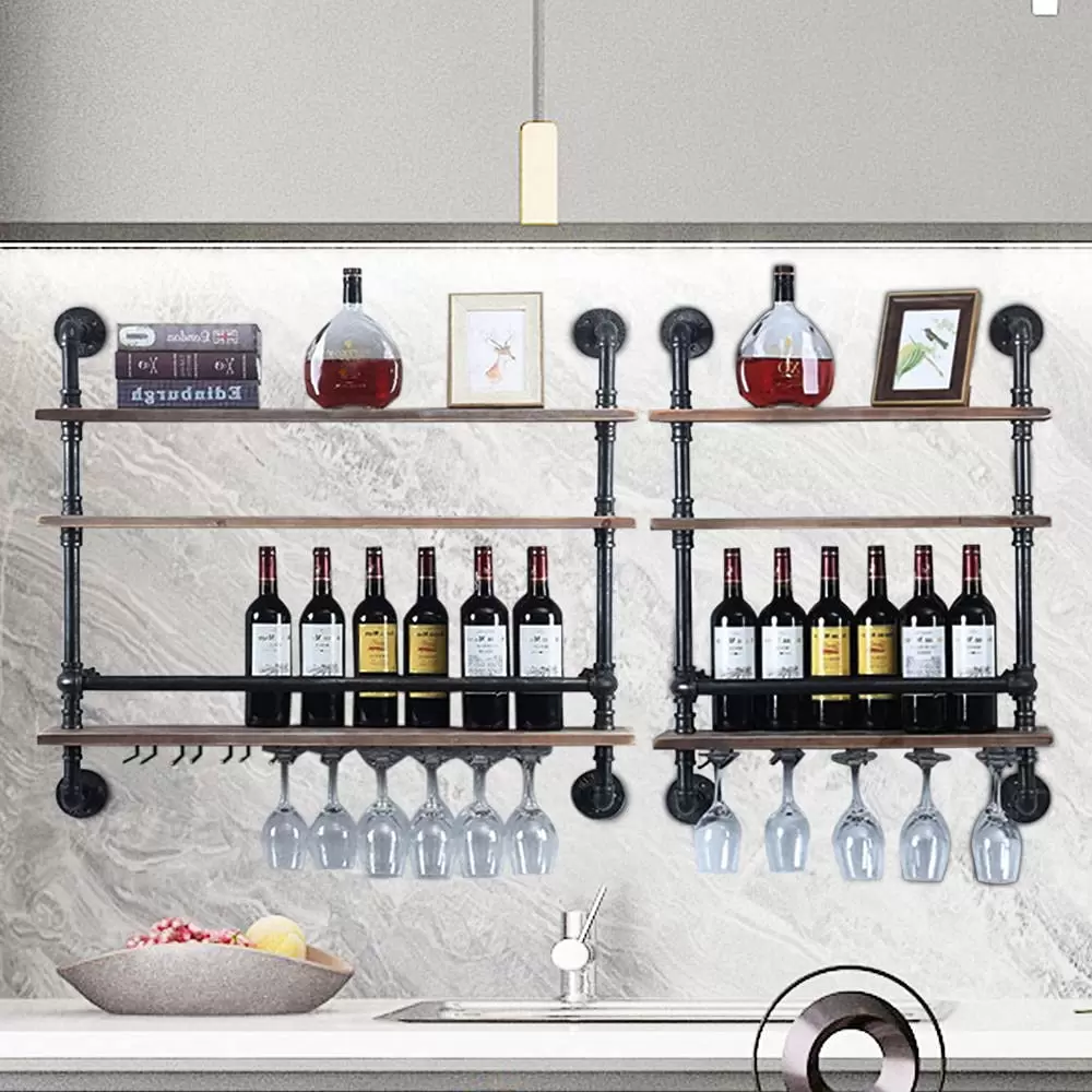 Industrielles Pfeifenregal Weinregal Wandmontiert mit Stielglashalter 3-stufige Barregale