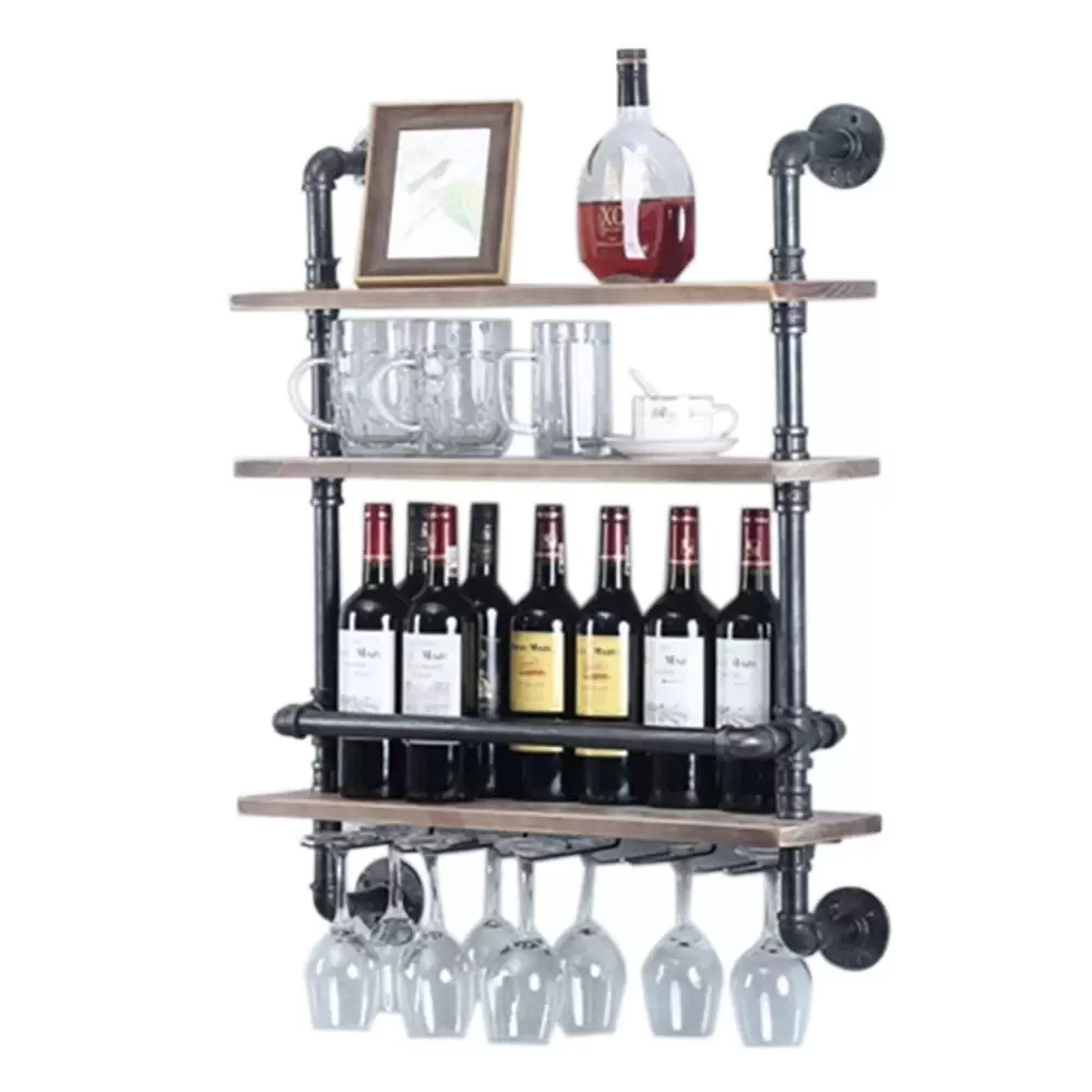 Industrielles Pfeifenregal Weinregal Wandmontiert mit Stielglashalter 3-stufige Barregale