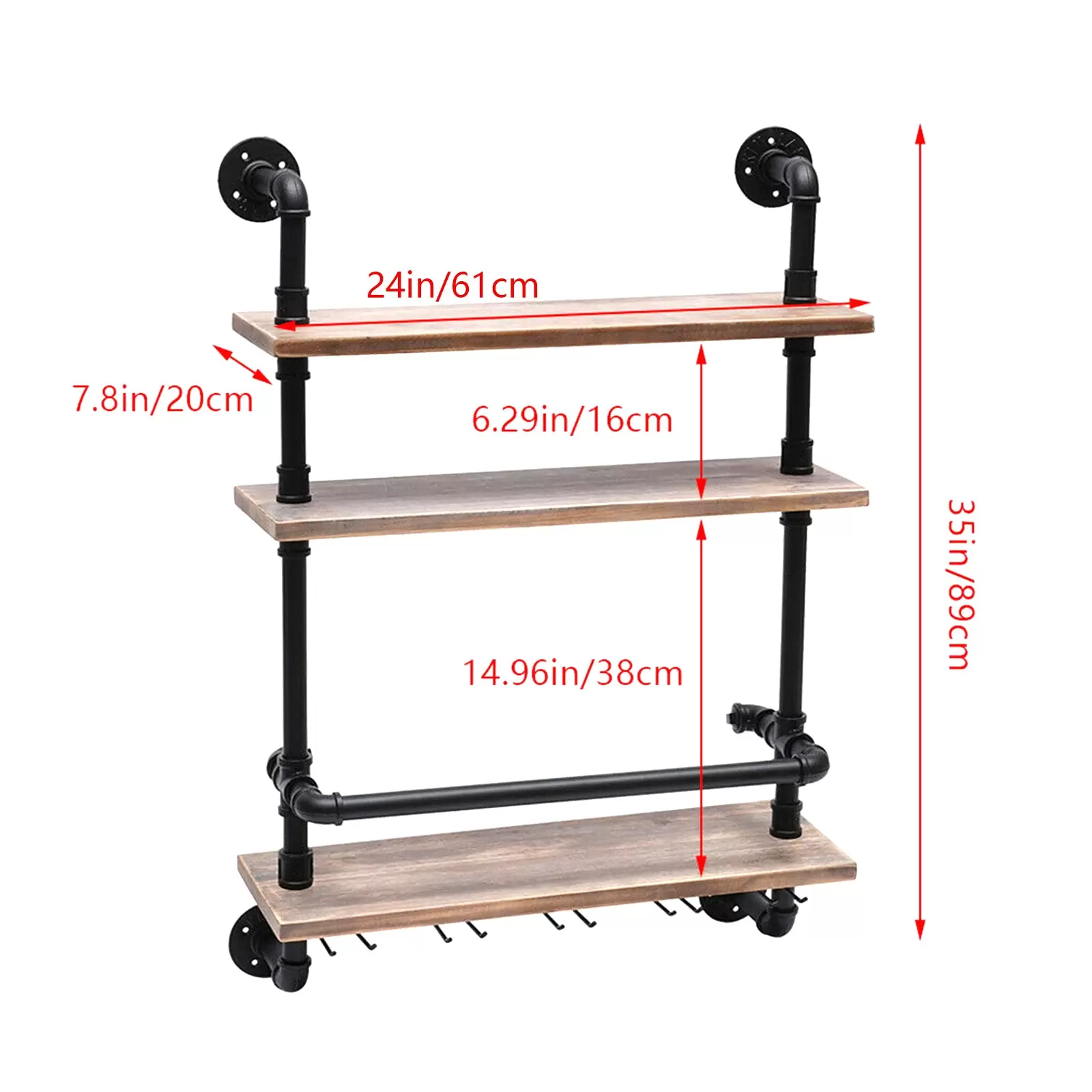 Industrielles Pfeifenregal Weinregal Wandmontiert mit Stielglashalter 3-stufige Barregale