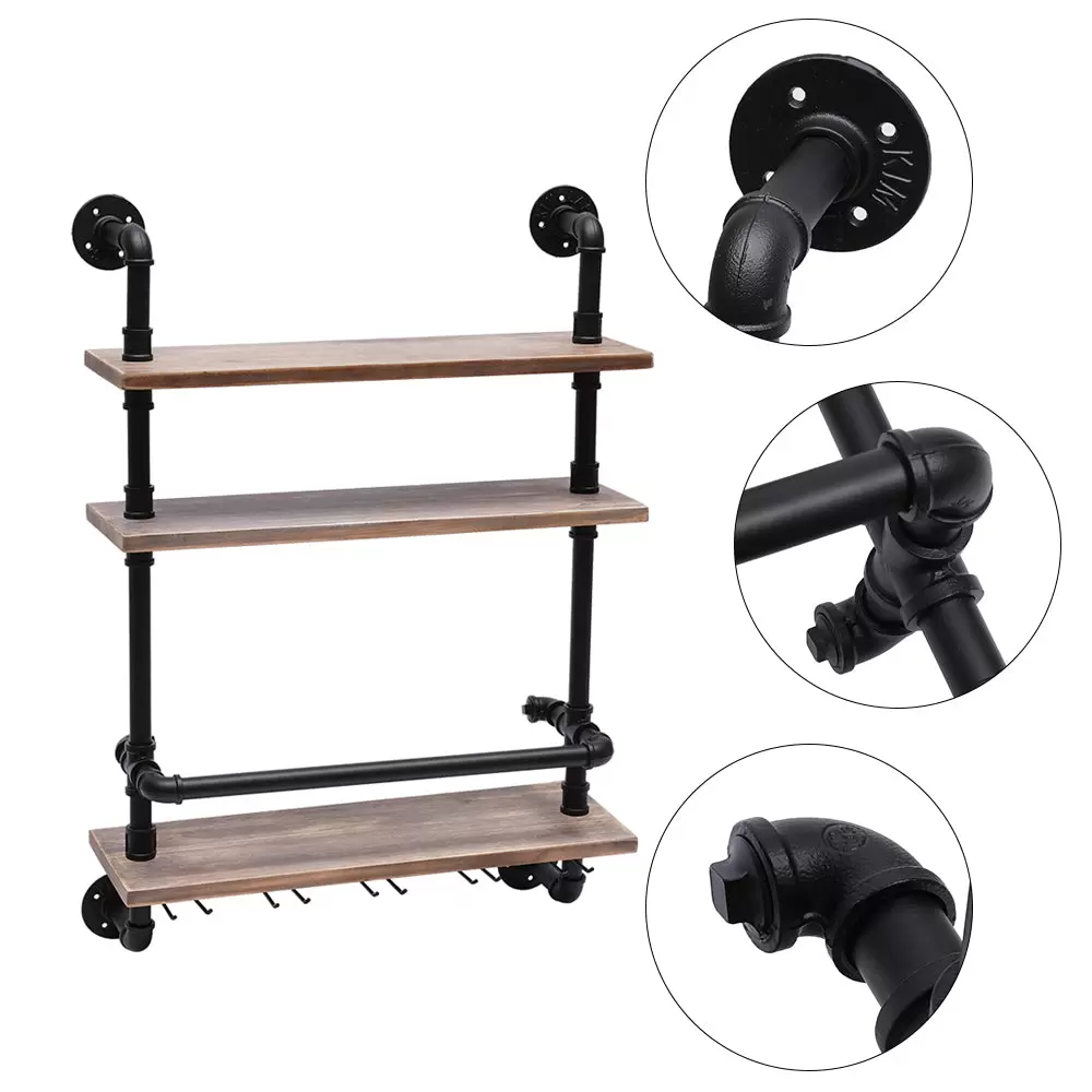 Industrielles Pfeifenregal Weinregal Wandmontiert mit Stielglashalter 3-stufige Barregale