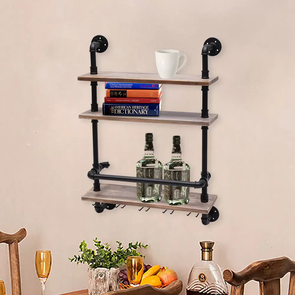 Industrielles Pfeifenregal Weinregal Wandmontiert mit Stielglashalter 3-stufige Barregale