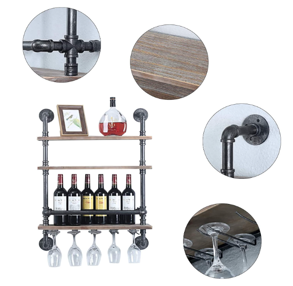 Industrielles Pfeifenregal Weinregal Wandmontiert mit Stielglashalter 3-stufige Barregale