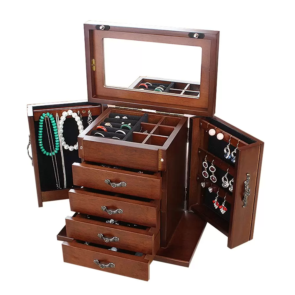 Schmuckkasten aus Holz Große Schmuckschatulle mit 4 Schubladen und Spiegel für Ohrringe Armbänder Ringe