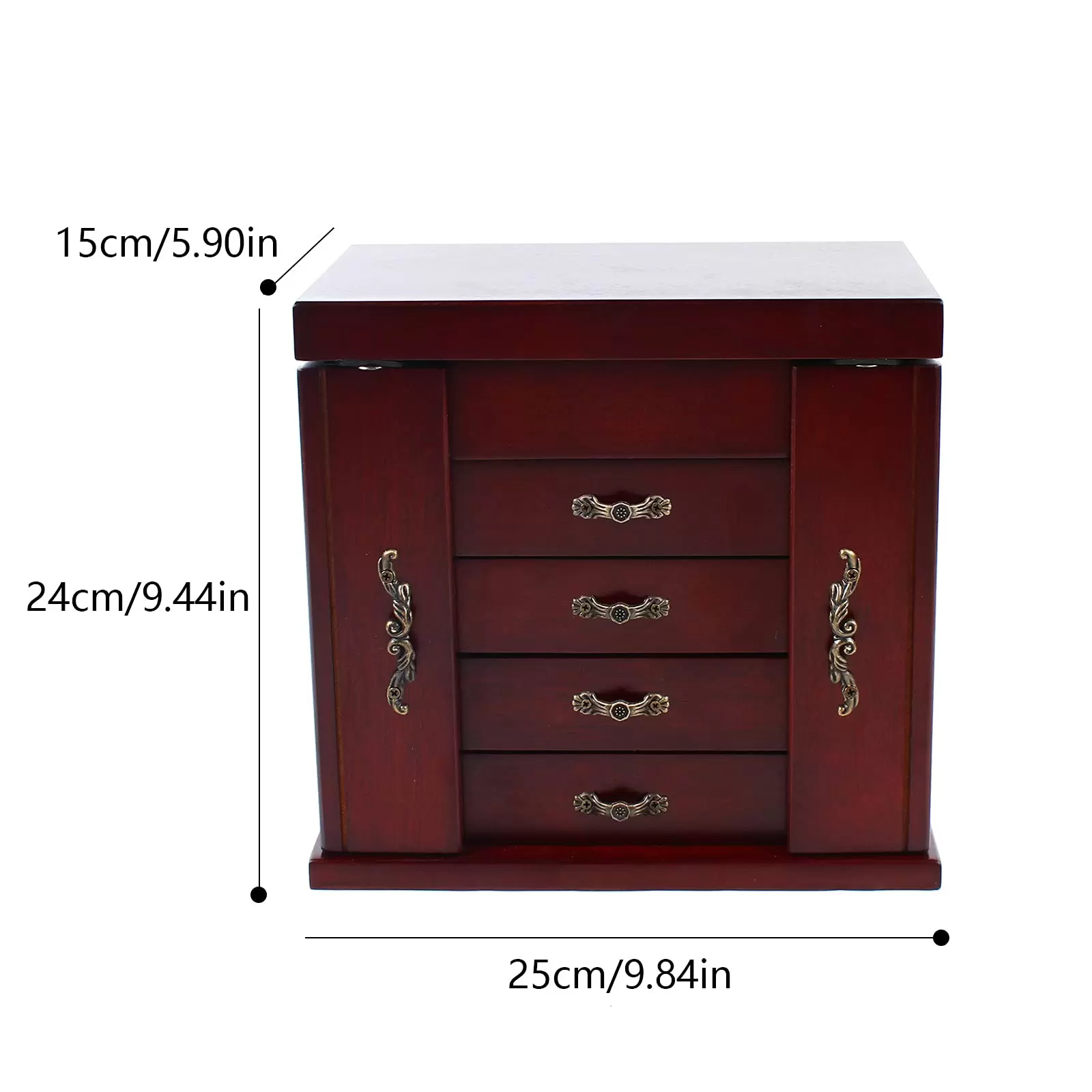 Schmuckkasten aus Holz Große Schmuckschatulle mit 4 Schubladen und Spiegel für Ohrringe Armbänder Ringe