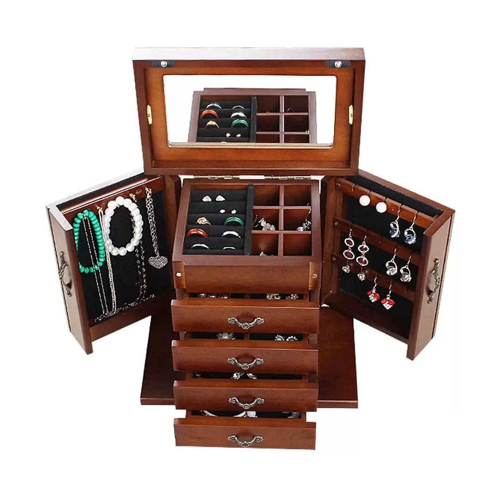 Schmuckkasten aus Holz Große Schmuckschatulle mit 4 Schubladen und Spiegel für Ohrringe Armbänder Ringe Schmuckkasten aus Holz Große Schmuckschatulle mit 4 Schubladen und Spiegel für Ohrringe Armbänder Ringe