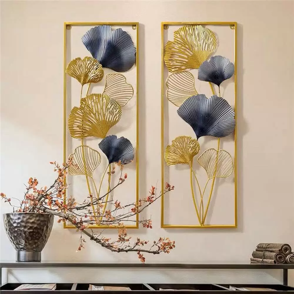 85×31cm 3D Wanddeko Ginkgoblätter Metall Wohnzimmer Dekoration Hanging Decor Goldfarben