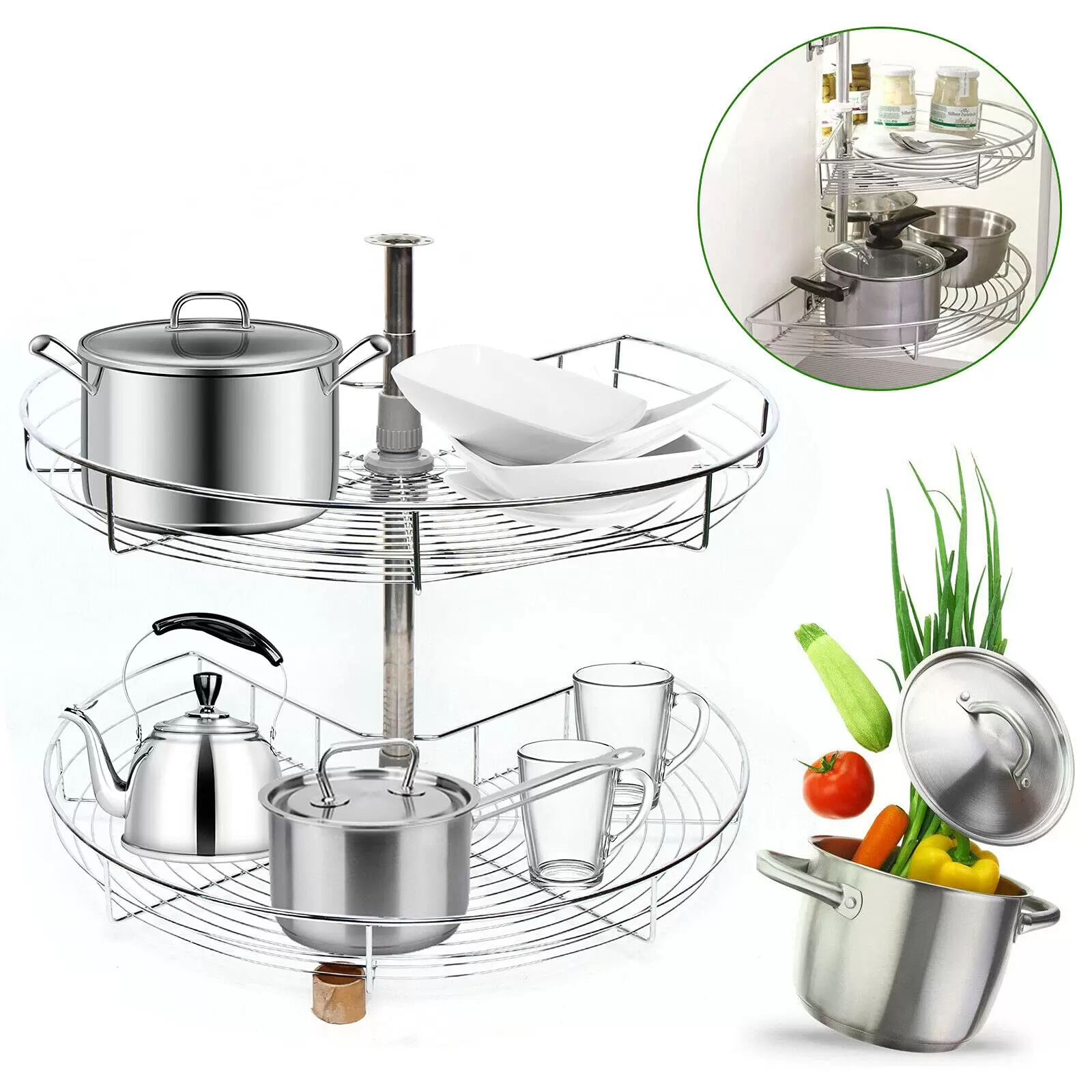 Küchenregal 270 ° Eckdesign Ecke Lagerregal Schrank 2-Stufiges Höhenverstellbares Ausziehbares Aufbewahrung Ablagen für Vorratsräumen Gastronomien Küchen