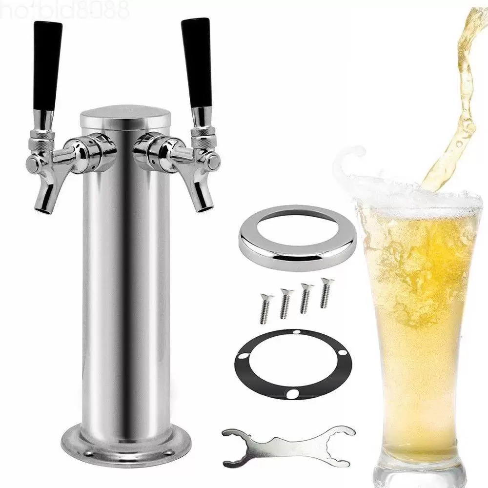 2 Hähne Edelstahl Biersäule Biertürme Getränkespender Bierturm mit 2 Zapfhahn Silber